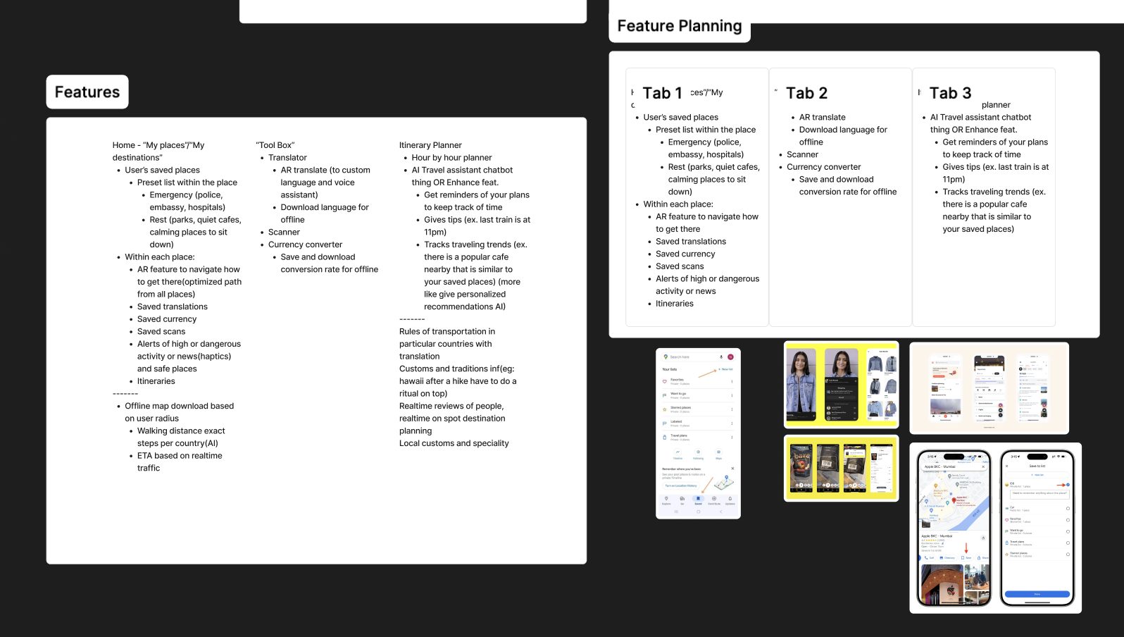 Feature list board next to a three-tab feature planning board splitting features into My Places, Tool Box, and Planner