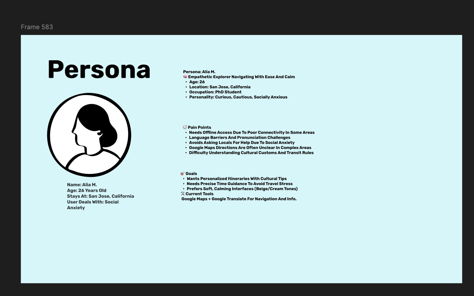 Persona slide for Alia M., 26, a PhD student in San Jose, listing pain points, goals, and current tools