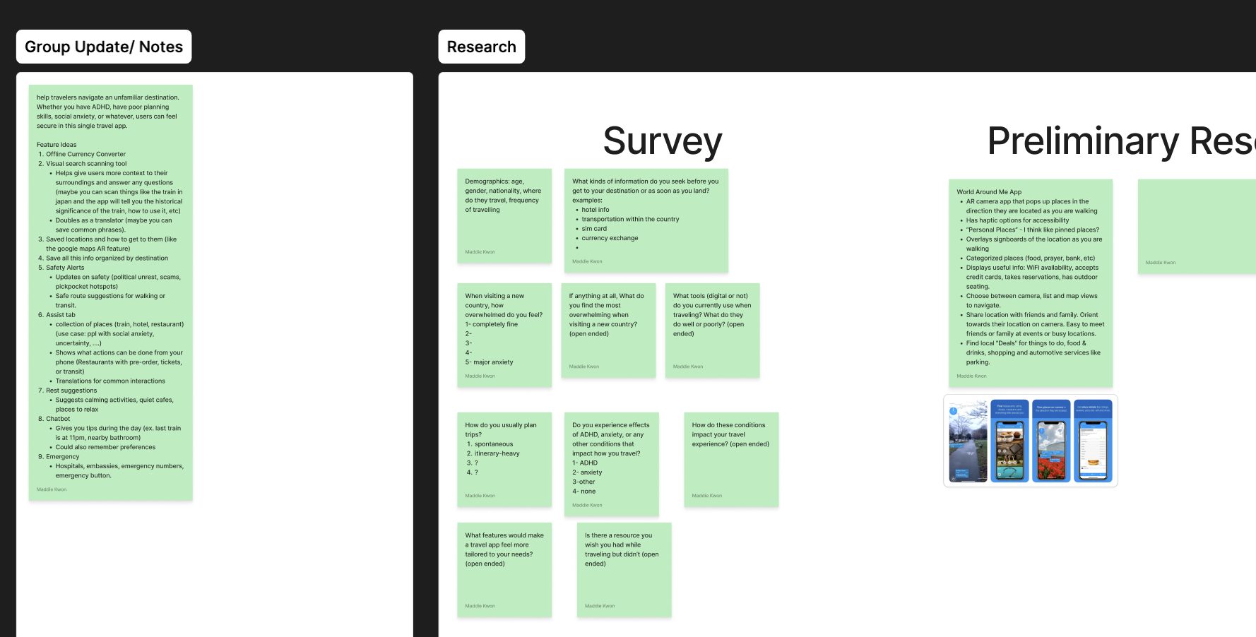 Research board with survey questions covering demographics, overwhelm ratings, planning style, ADHD and anxiety, and preliminary research notes on World Around Me