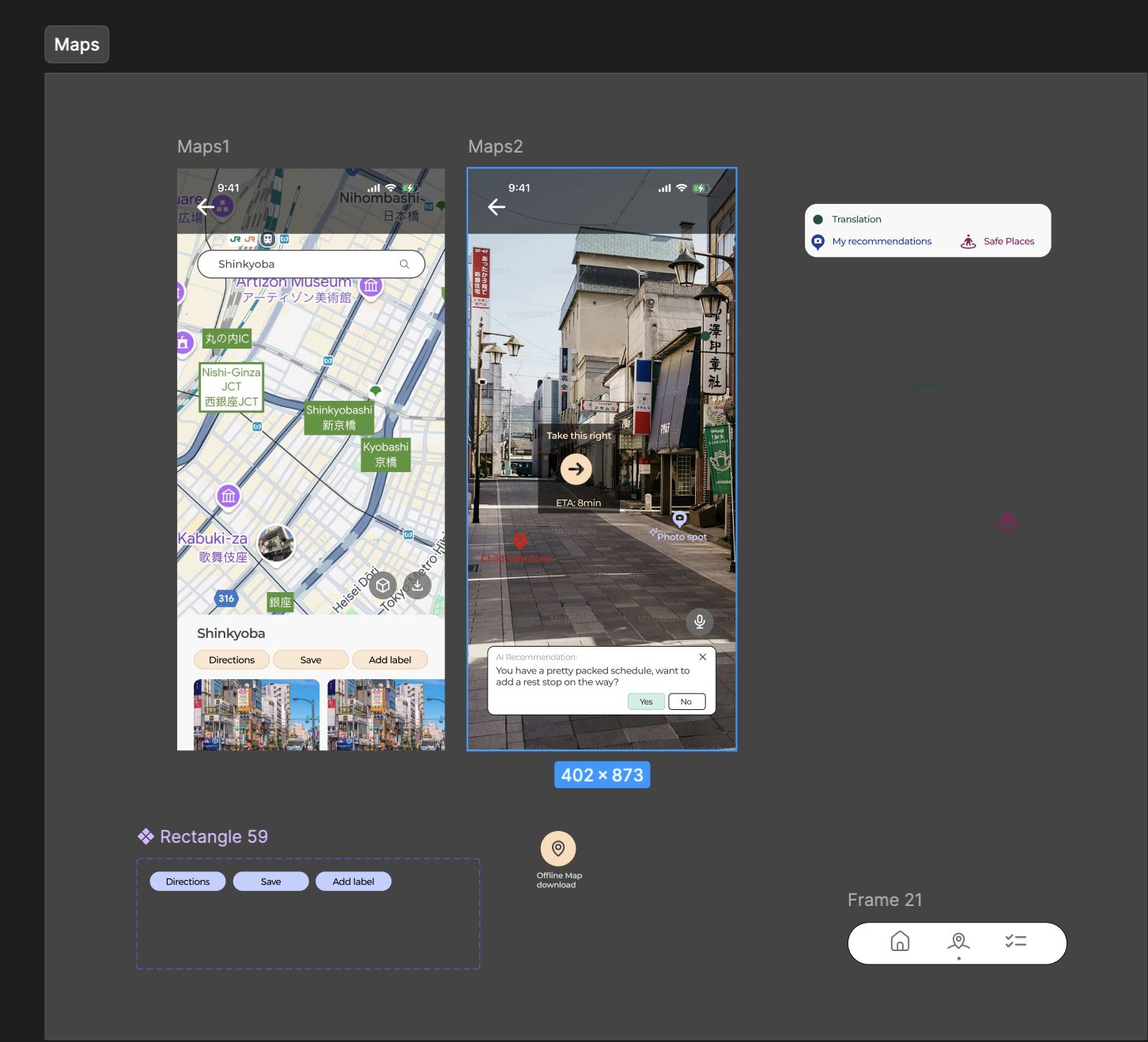 Map screens: standard map view with place card and an AR street view with directional prompt, ETA, photo spot, child safe zone, and an AI rest-stop recommendation