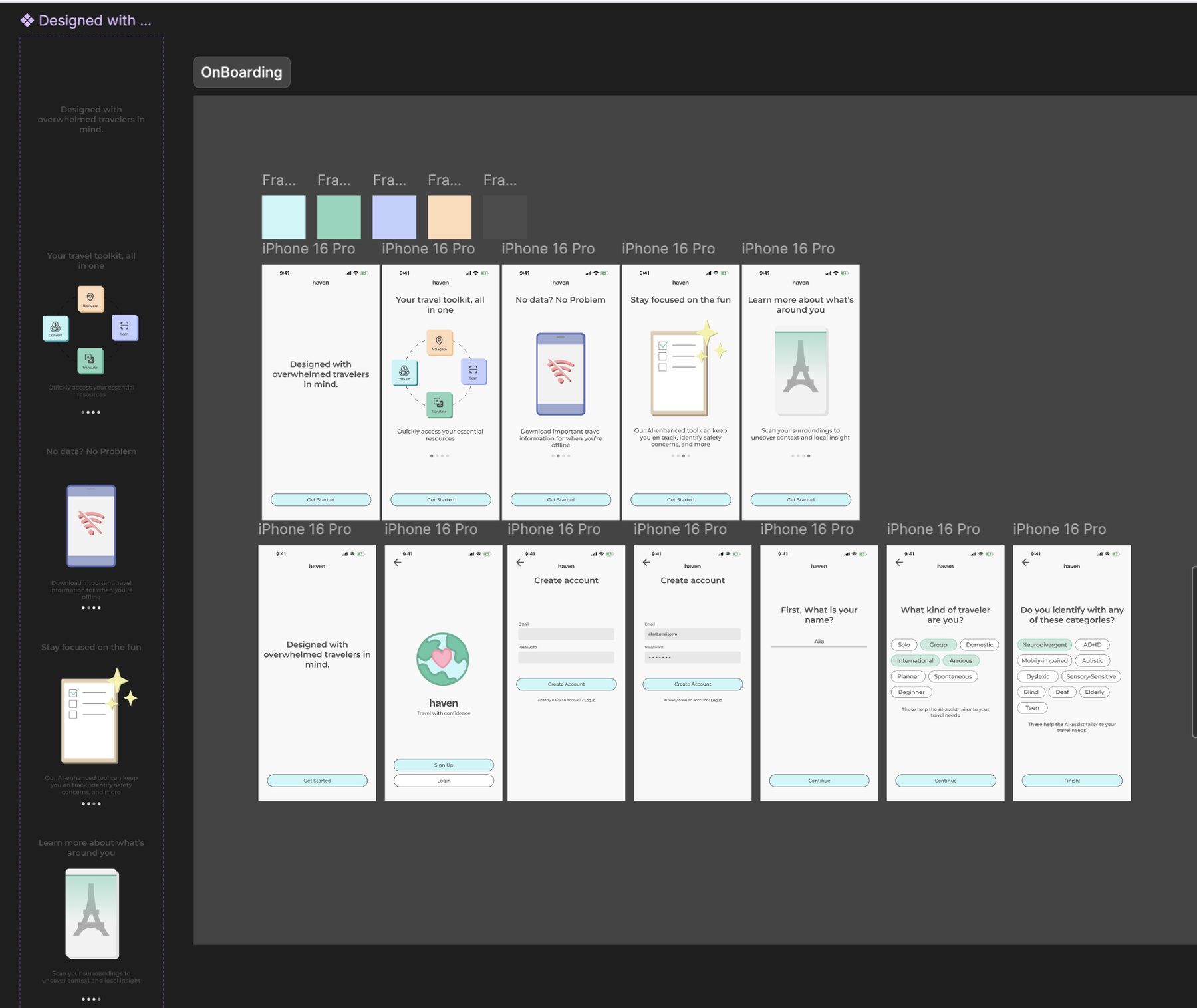 Onboarding screens: value propositions, sign up and create account, name entry, traveller type selection, and accessibility category selection