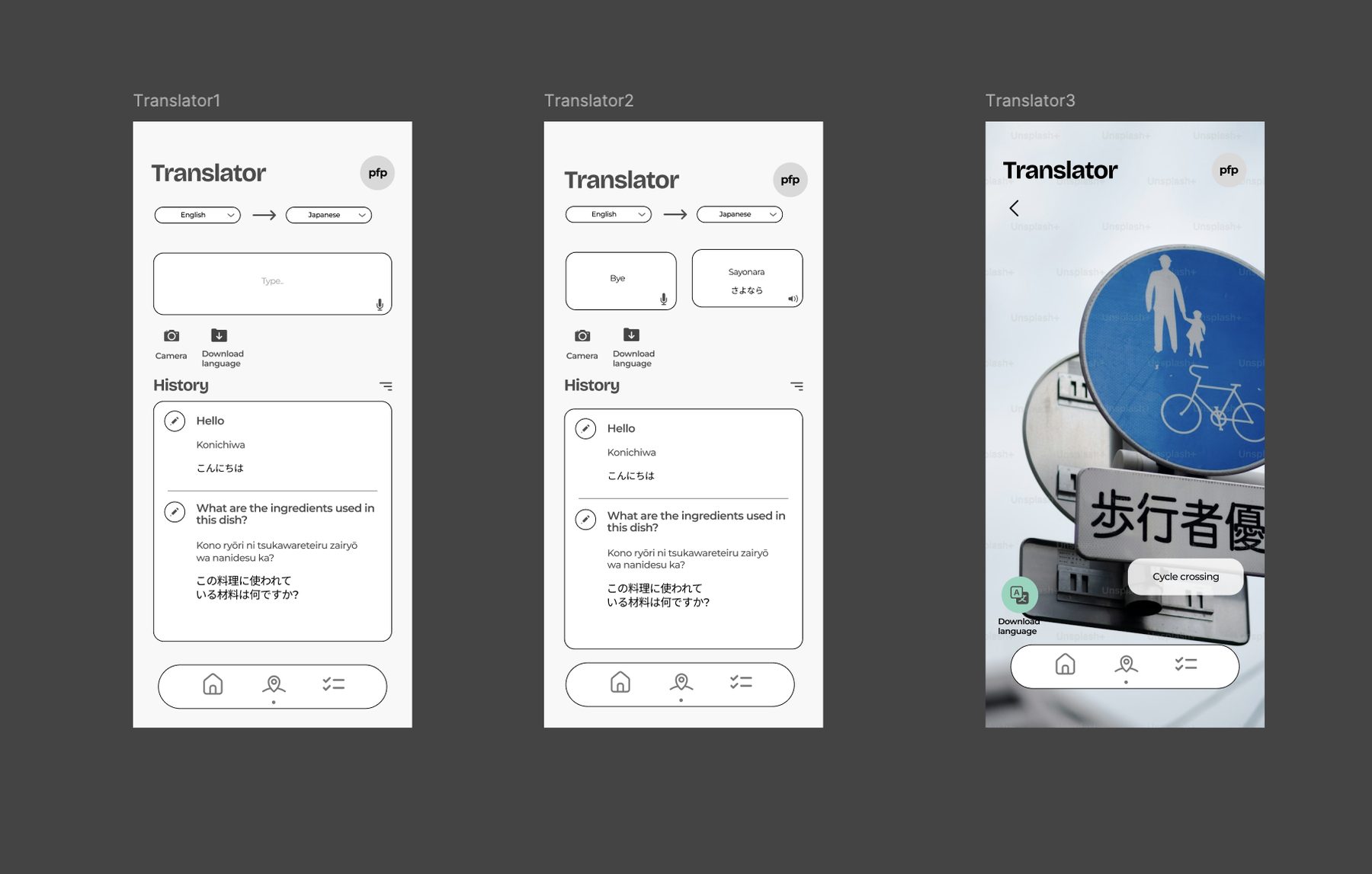 Translator screens: text entry with voice input and history, a translated phrase card with audio, and camera translation of a Japanese street sign