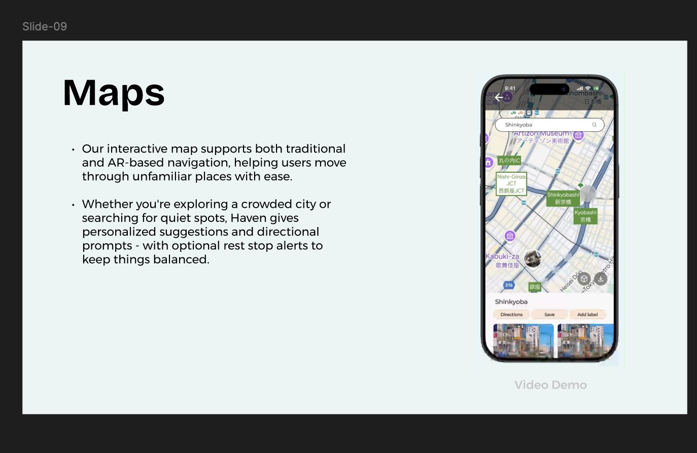 Presentation slide titled Maps describing interactive traditional and AR navigation with personalised suggestions and rest stop alerts