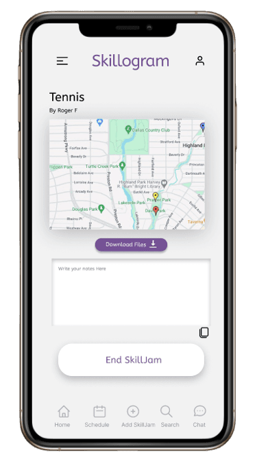 Skillogram live SkillJam screen with location map, downloadable files, a notes field, and an end SkillJam button
