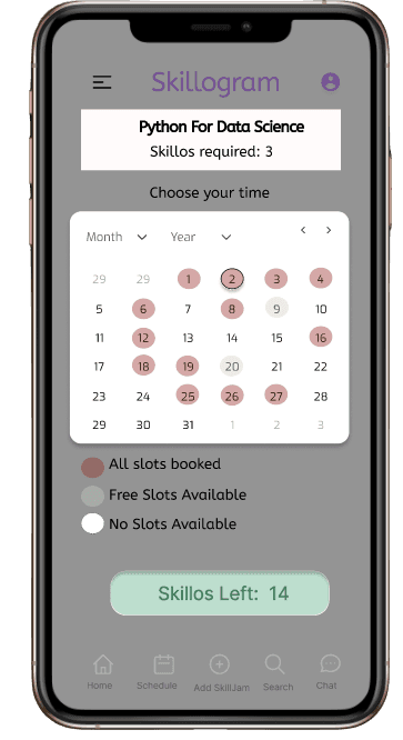Skillogram booking screen showing a course, a date picker with colour-coded slot availability, and remaining skillos