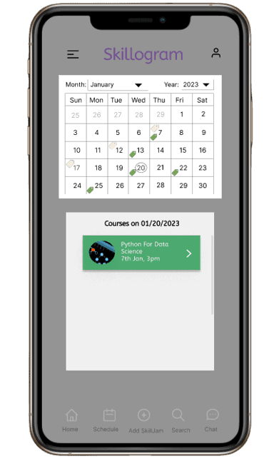 Skillogram schedule screen with a monthly calendar and the courses booked on a selected day