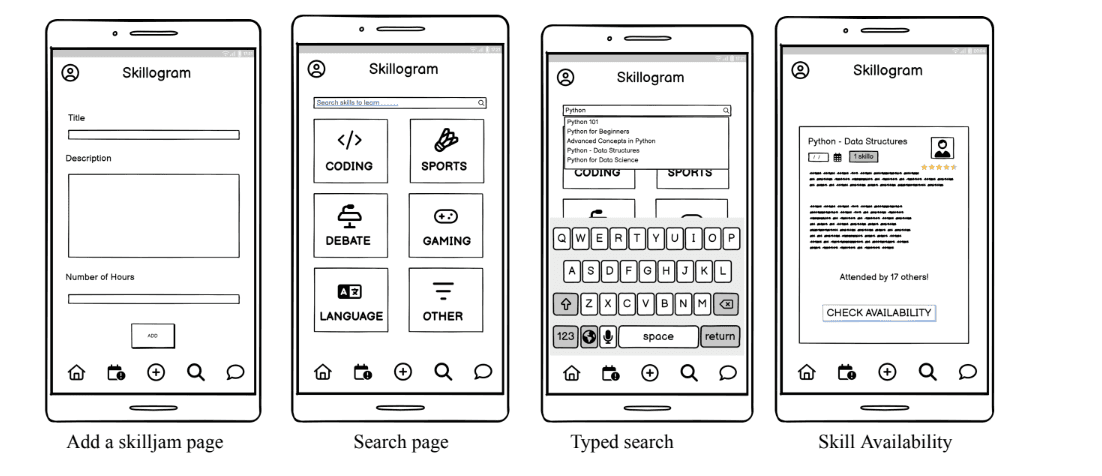 Balsamiq wireframes of add a skilljam, search, typed search, and skill availability pages