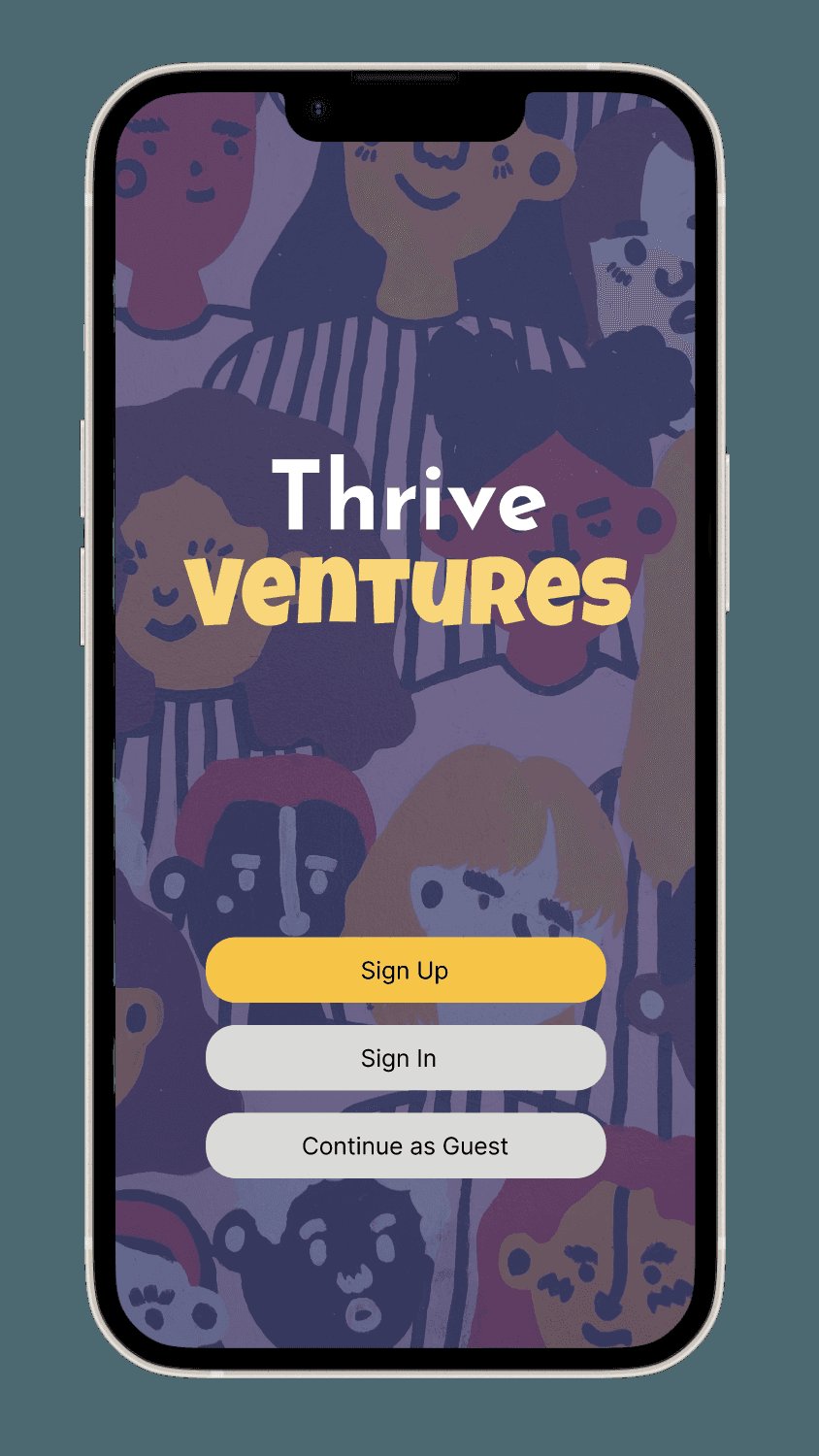 Thrive Ventures app screens showing home, resources, and profile views